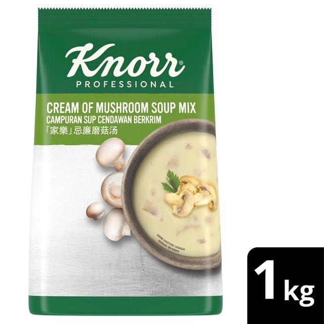Knorr Sup Cendawan Berkrim 1KG - Sediakan sup cendawan untuk jamuan dengan lebih efektif dengan Sup Krim Cendawan Knorr yang stabil dalam Bain-Marie dan sentiasa mengekalkan keaslian rasa cendawan.