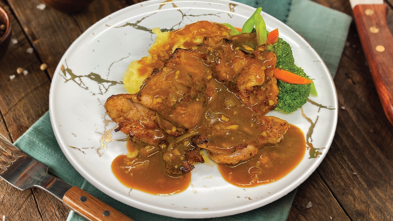 Curried Demi Glace served on Chicken Chop – - Recipe