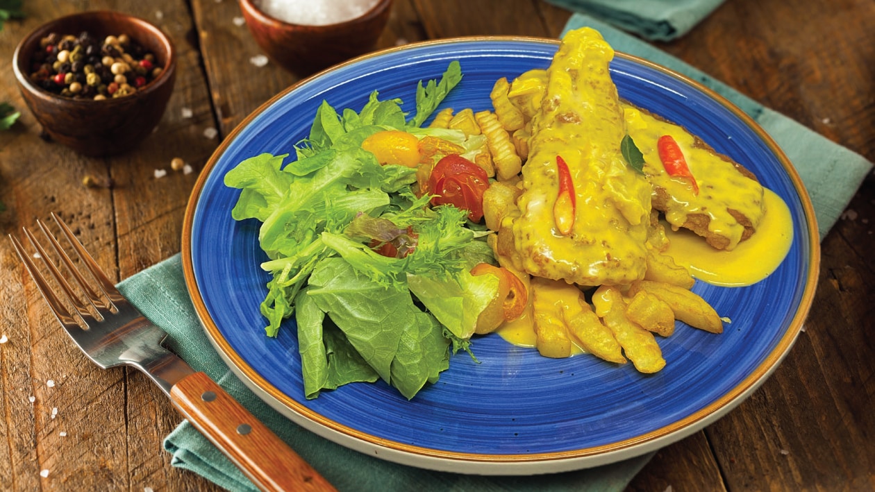 Durian Salted Egg Sauce served with Fish & Chips – - Recipe